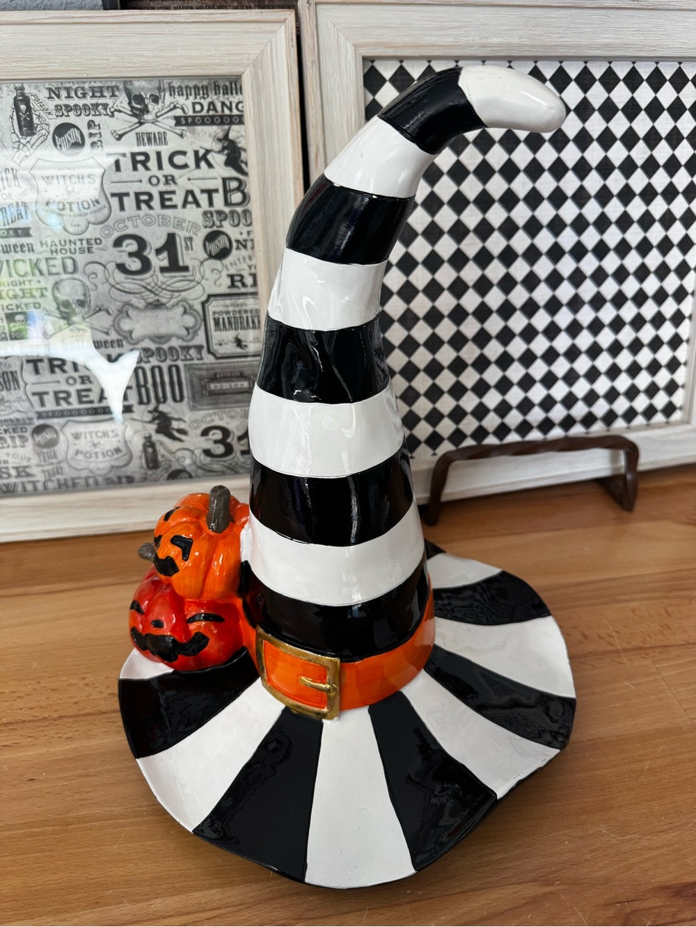 Halloween Witch Hat Table Accent in Black, White & Orange Mackenzie Inspired
